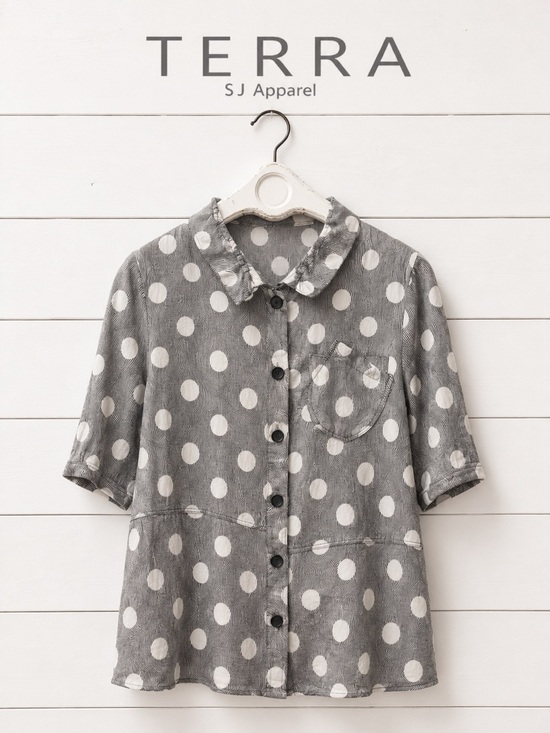 Terra Sj Apparel Tops - TERRA SJ Apparel Grey Polka Dot Linen Blend Blouse Size S
